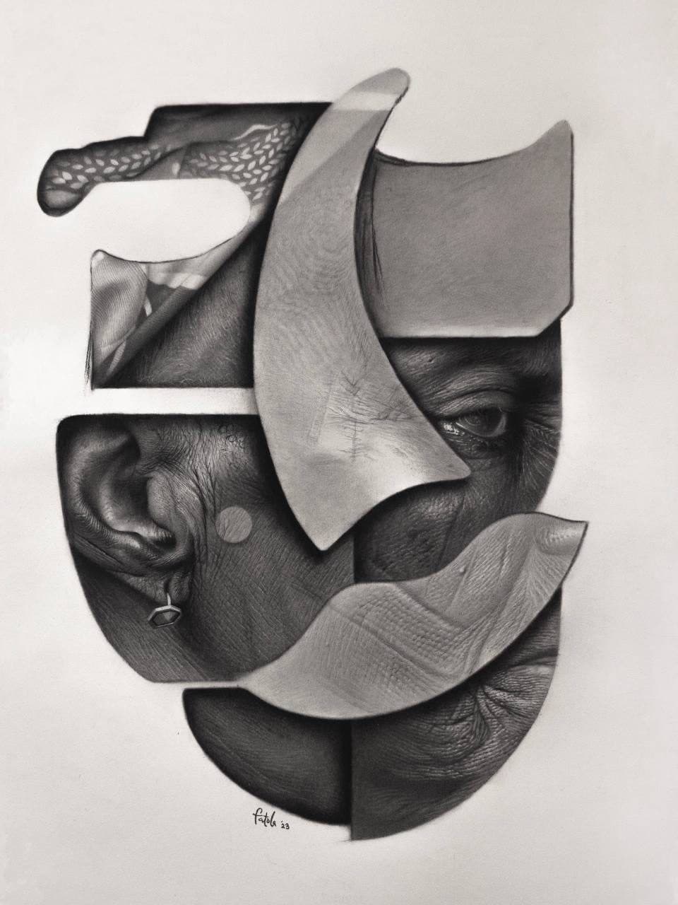 Charcoal and pastel portrait blending realism and abstraction