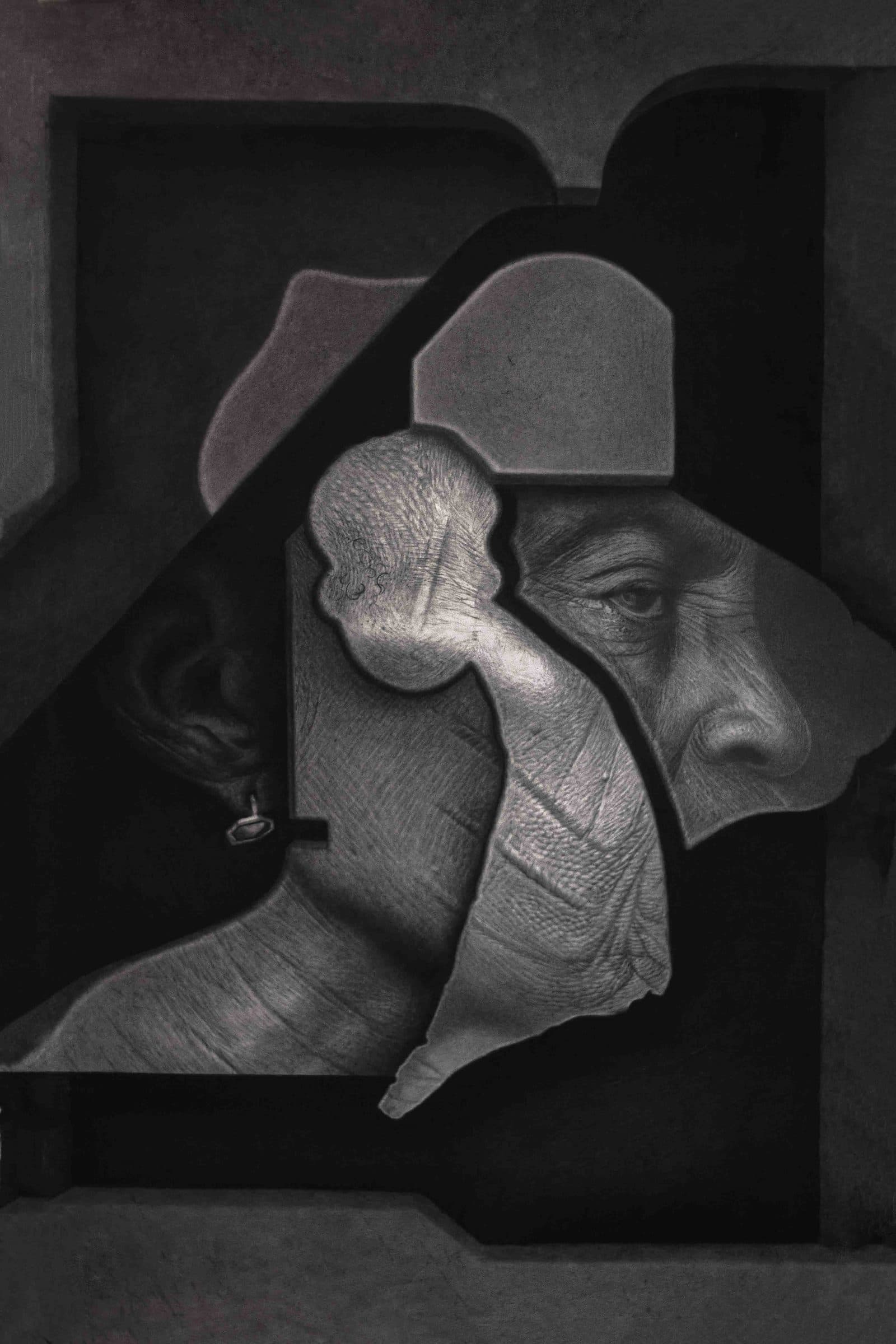 Charcoal portrait blending realism and abstraction