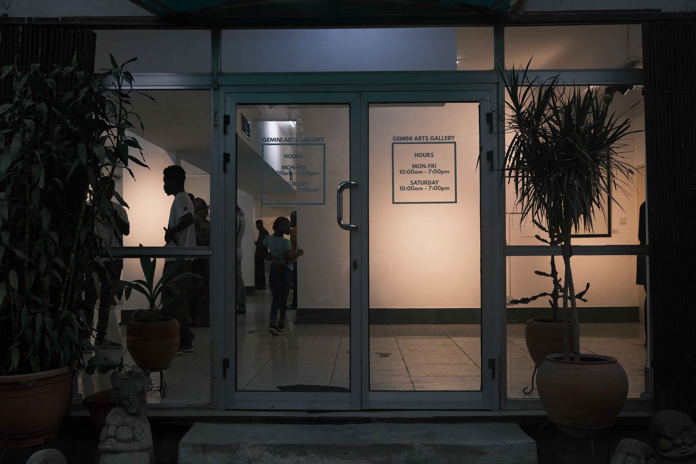 The entrance to Gemini Art Gallery at dusk