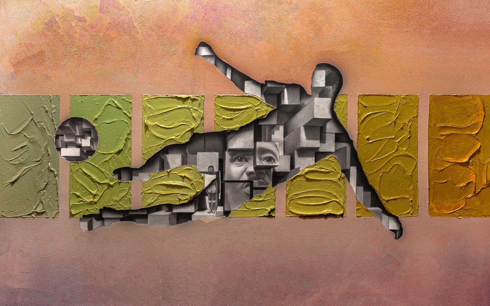 Mixed media work of a leaping figure built from graphite cubes and faces, cut through textured green and ochre panels