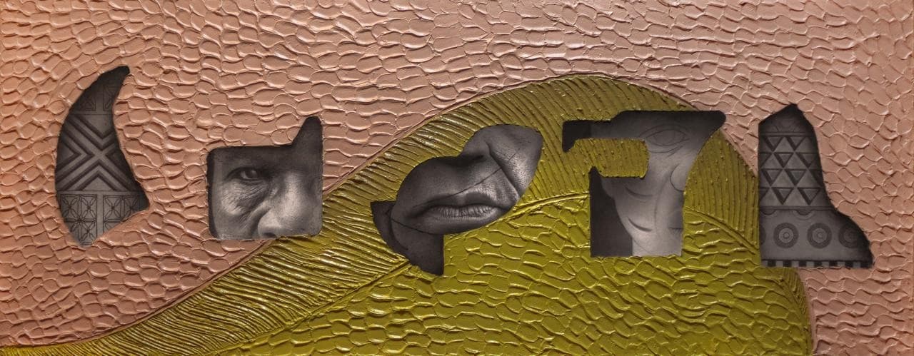 Mixed media work with fragments of a face, lips and carved patterns drawn in graphite, seen through cut-outs in textured pink and gold panels