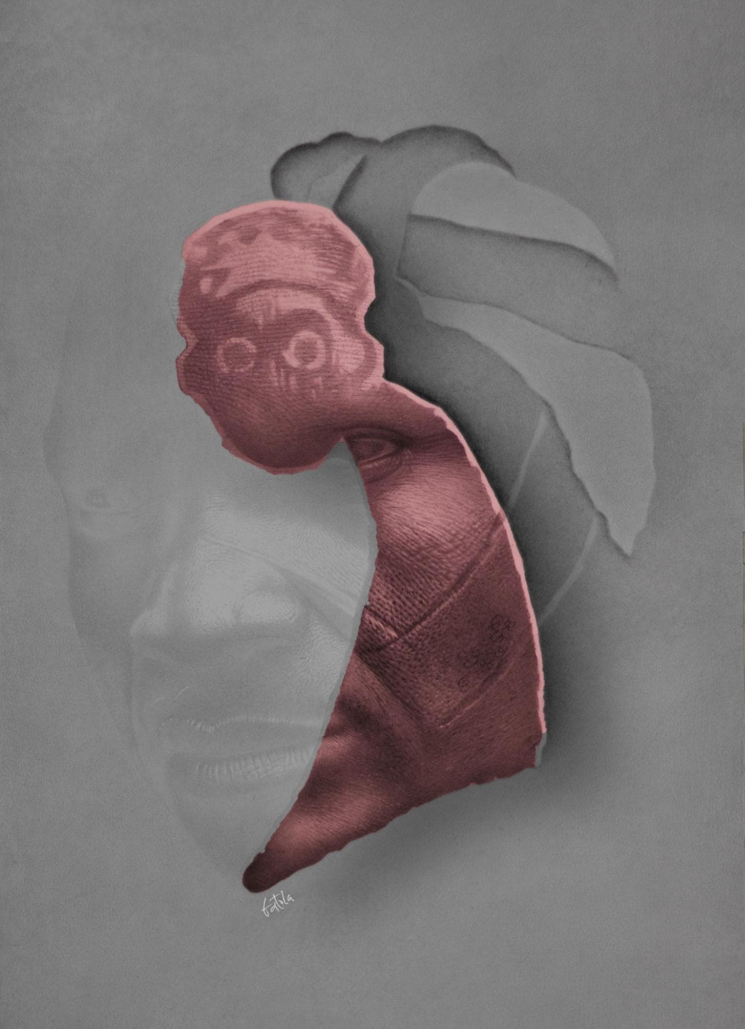 Charcoal and pastel portrait with a red mask