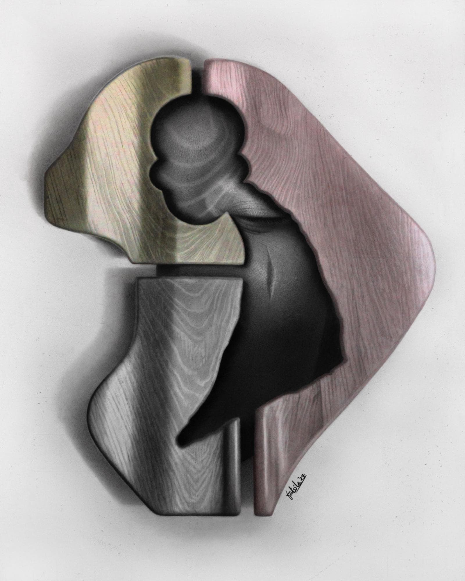 Charcoal and pastel work of a figure set inside sculpted pink, gold and grey shapes