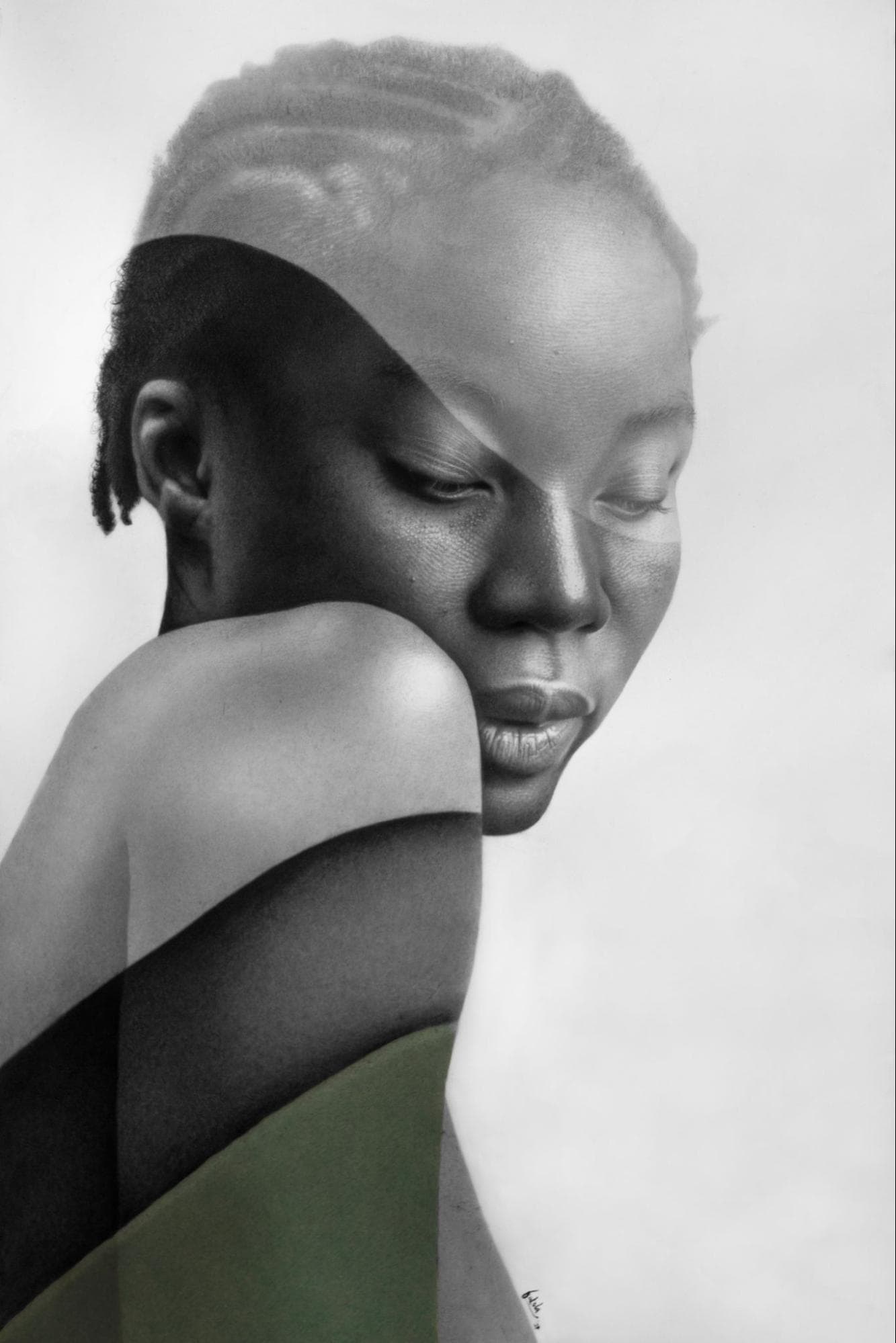 Charcoal and pastel portrait of a woman resting her face on her shoulder, the lower half cut away in green