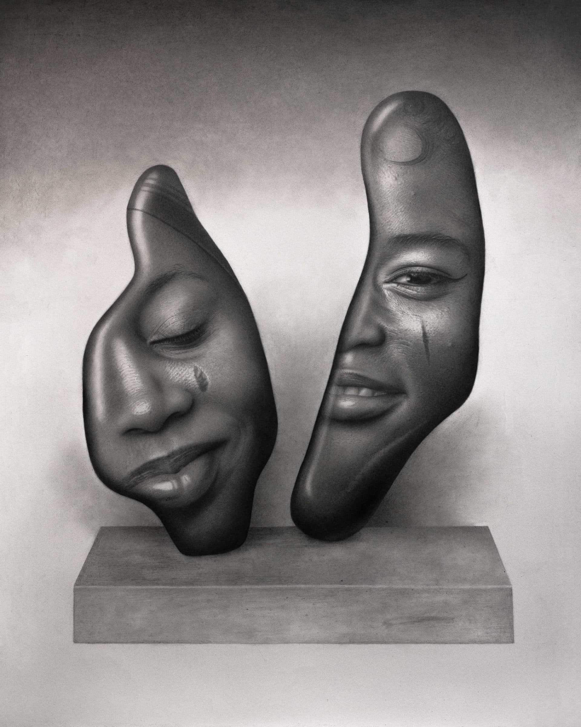 Charcoal portrait of two women with facial markings