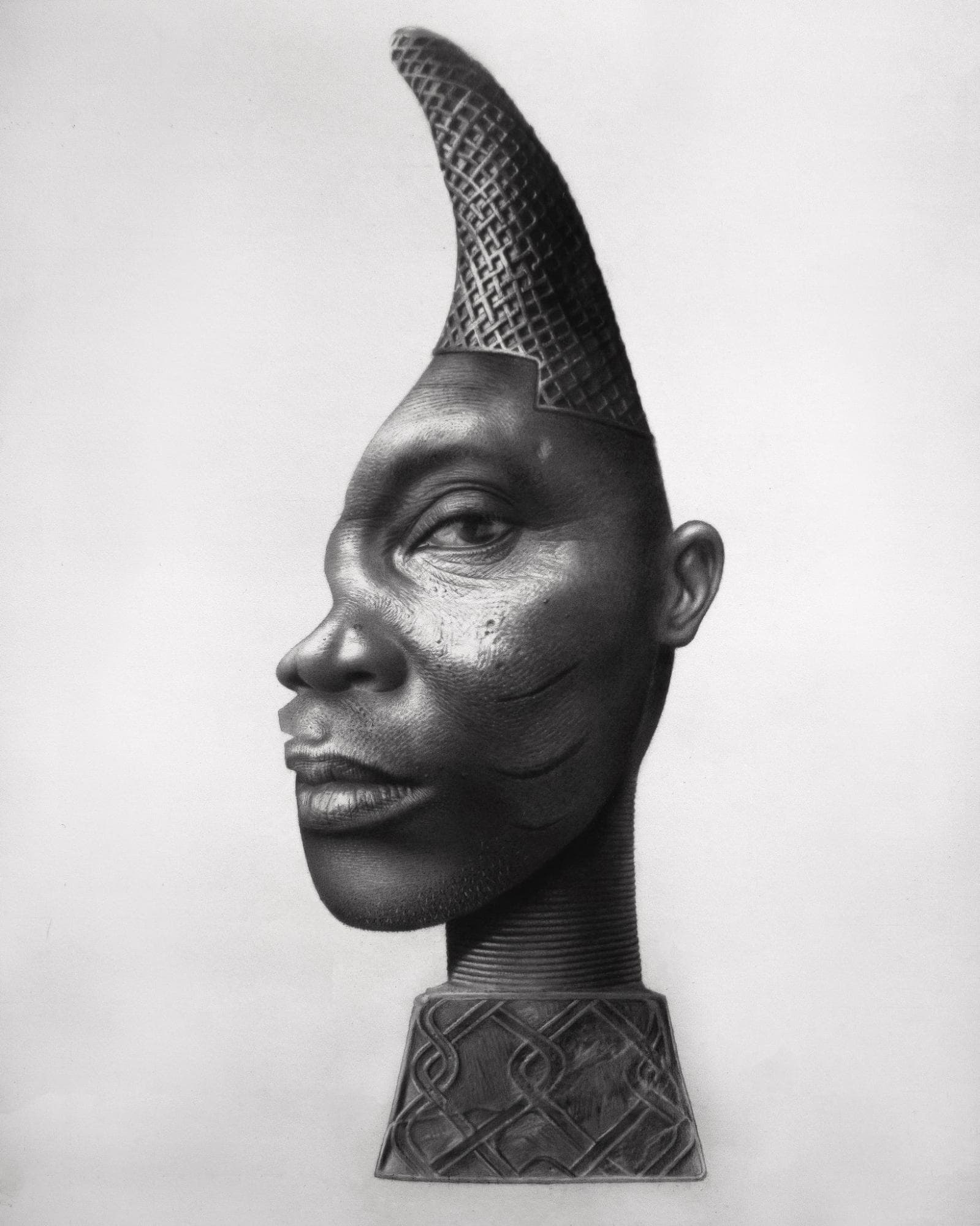 Charcoal drawing of a figure with facial markings as a crowned chess piece