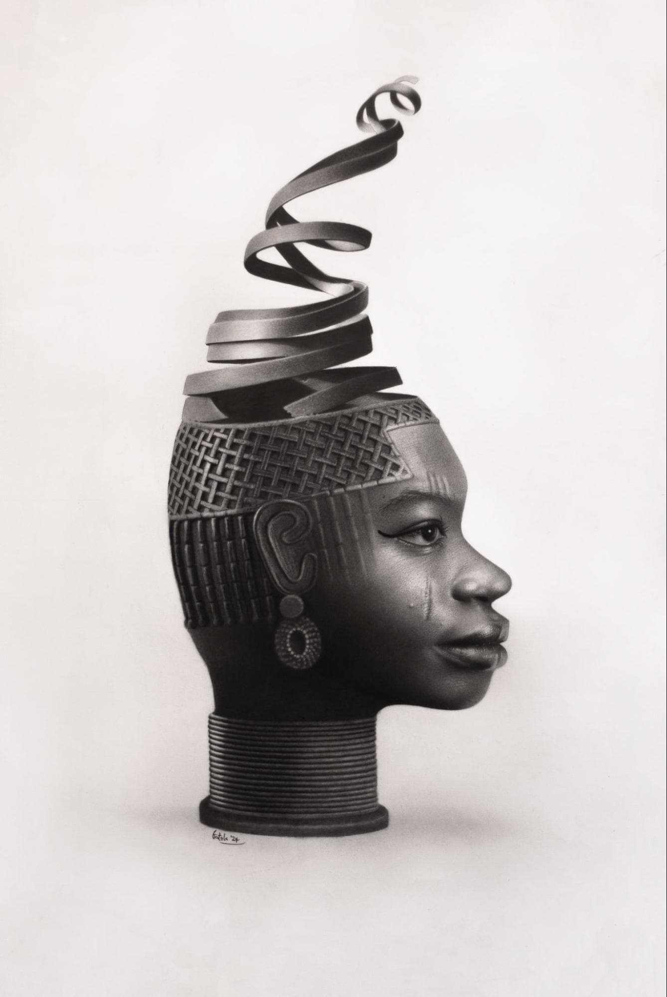 Charcoal drawing of a figure with facial markings as a crowned chess piece