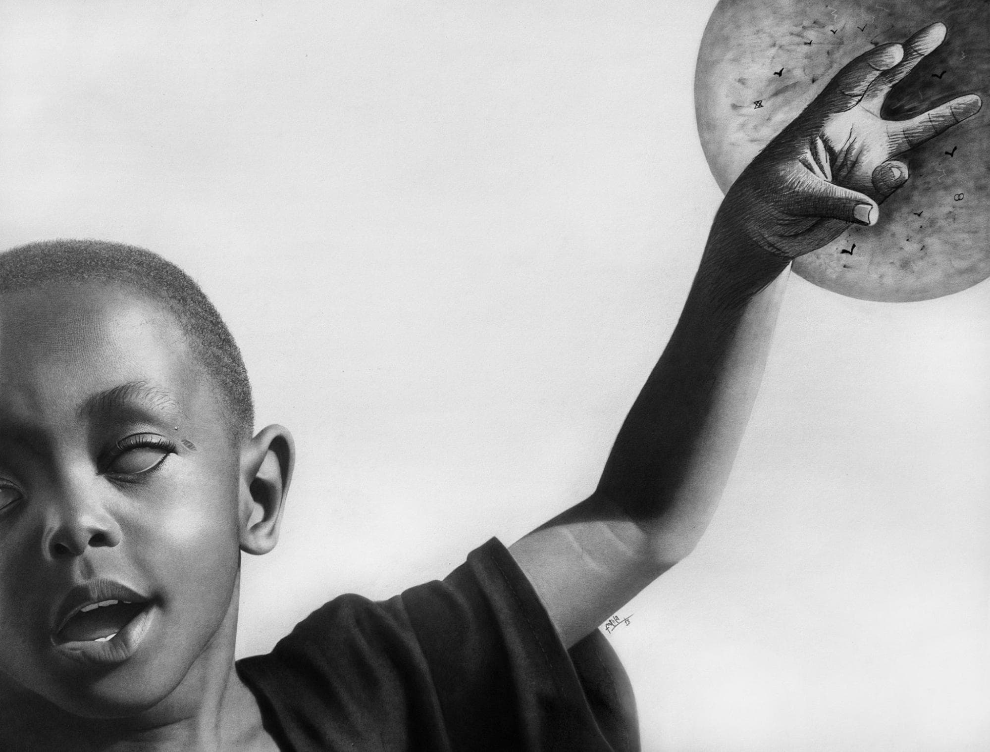Charcoal drawing of a boy reaching up towards the moon